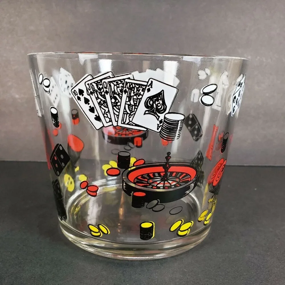 Vtg Clear Glass Ice Bucket Poker Chess Gambling Casino Theme Barware MCM